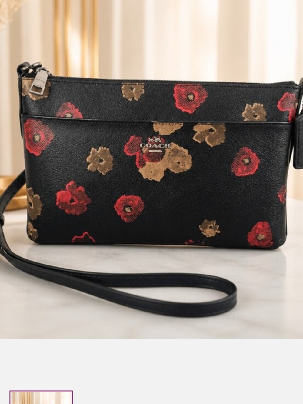 Coach Black Floral Print Cross Body with Red and Gold Flowers